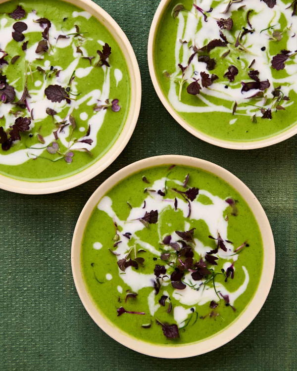 Chilled pea, green curry and Thai basil soup