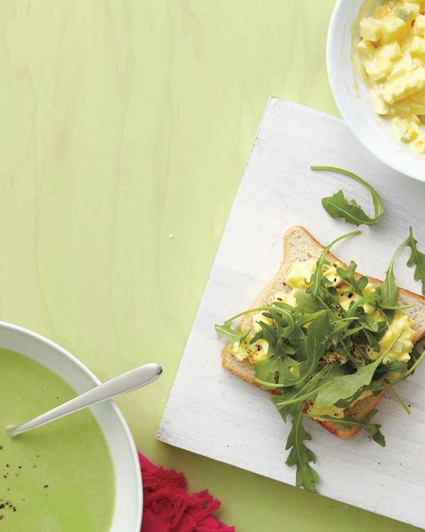 Chilled pea soup with egg salad sandwiches