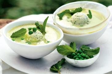 Chilled pea soup with mint gelato