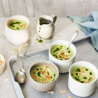 Chilled peapod soup with basil oil and almonds