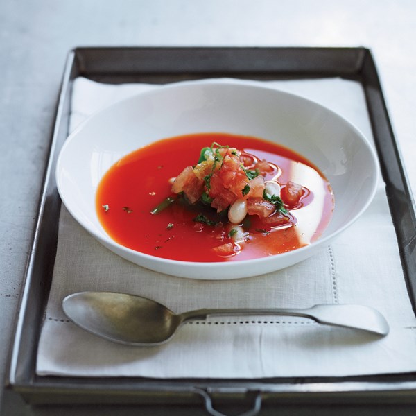 Chilled piquillo pepper soup with fresh bean salad [Daniel Patterson]