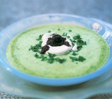Chilled potato and watercress soup with caviar Chantilly