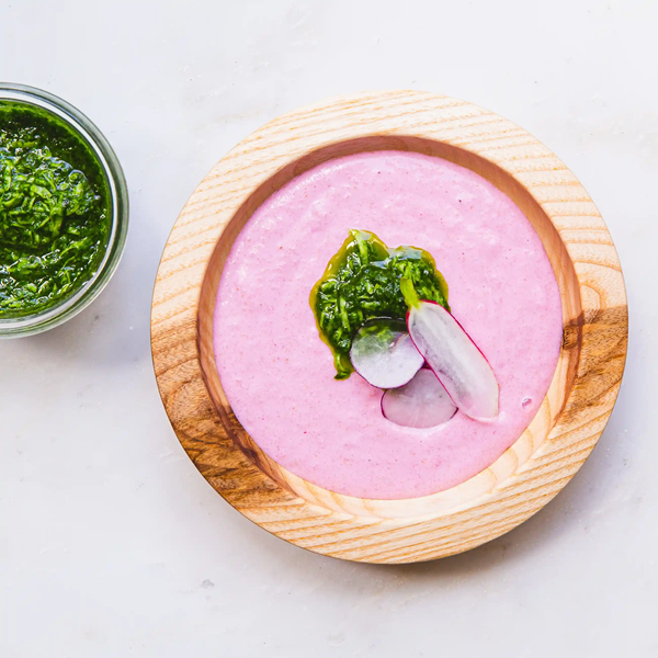 Chilled radish soup with radish-leaf pistou