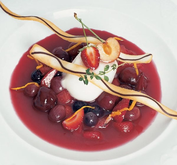 Chilled red fruit soup with lemon thyme and mascarpone sorbet
