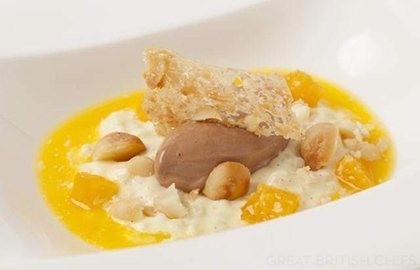 Chilled rice pudding with chocolate sorbet, mandarin soup and macadamia nut tuille