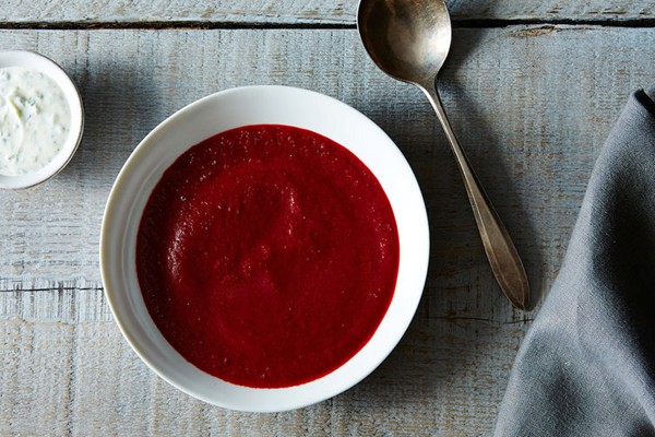 Chilled roasted beet and carrot soup with parsley lime cream
