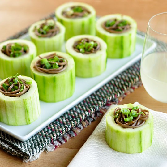 Chilled soba in cucumber cups