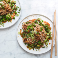 Chilled soba noodle salad with peas and broad beans