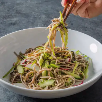 Chilled soba noodles with cucumber, snow peas, and radishes