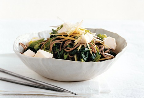 Chilled soba with tofu and sugar snap peas