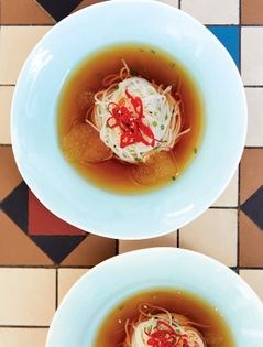 Chilled somen noodles served in cold dashi with chillies, lime & ice