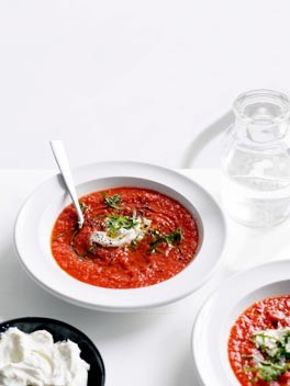 Chilled spiced tomato soup with Middle Eastern herbs and labne