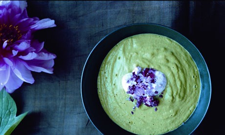 Chilled sweet pea and watercress soup with rose petal cream