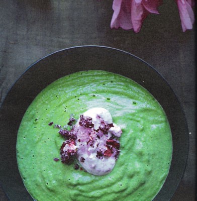Chilled sweet pea and watercress soup with rose petal cream