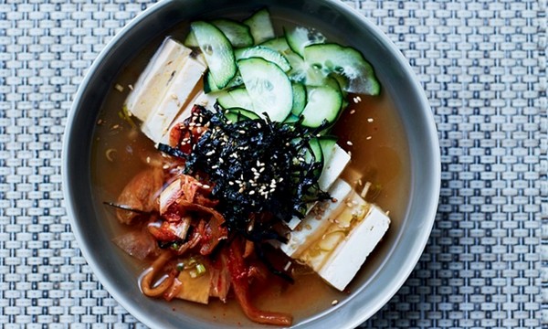 Chilled tofu, cucumber and kimchi broth