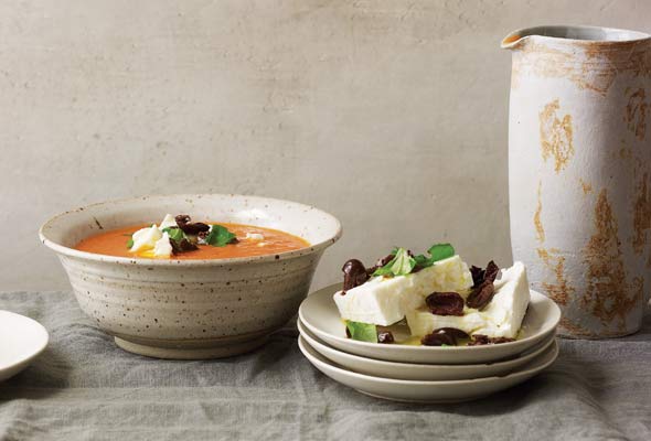 Chilled tomato soup with aged feta and olives