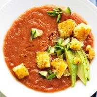 Chilled tomato soup with corn bread croutons