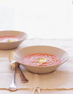 Chilled tomato soup with cucumber and goat cheese (Zuppa di pomodoro fredda)