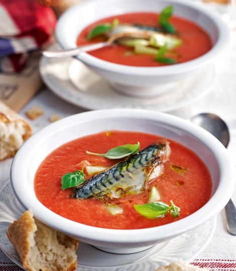 Chilled tomato soup with grilled mackerel