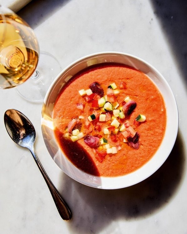 Chilled tomato soup with roasted grapes