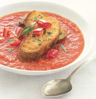 Chilled tomato-tarragon soup with croutons
