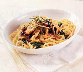 Chilled udon with sweet-and-spicy chicken and spinach