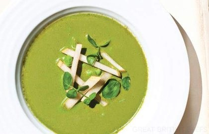 Chilled watercress soup with dressed Asian pear and garden peas