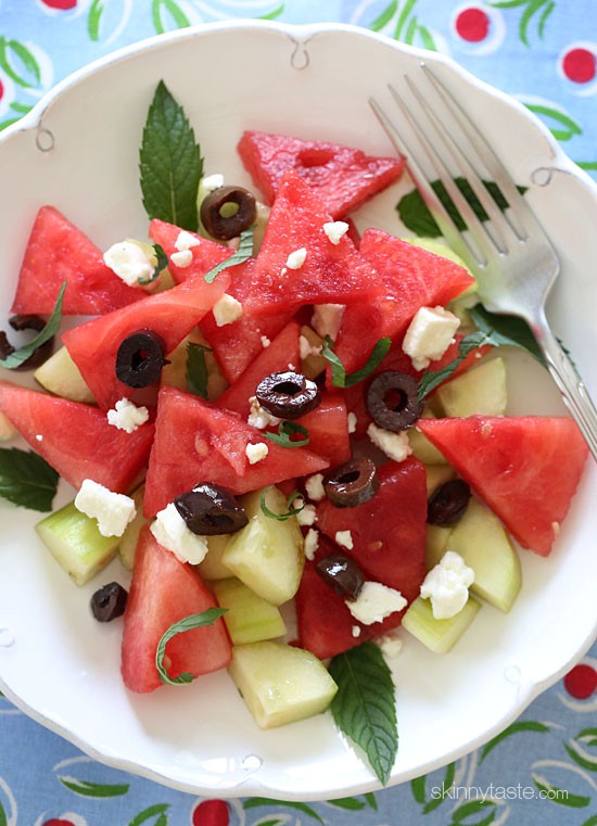 Chilled watermelon cucumber feta salad