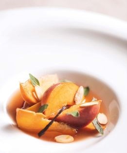 Chilled white and yellow peach soup with beer and lemon verbena