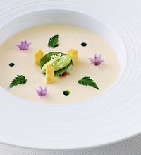 Chilled white asparagus soup, wild chervil, chive blossoms
