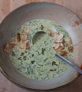 Chilled, wild pistachio + cucumber soup (Pesteh baneh-ye Birjandi)