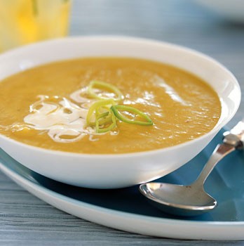 Chilled yellow squash and leek soup with coriander and lemon crème fraîche