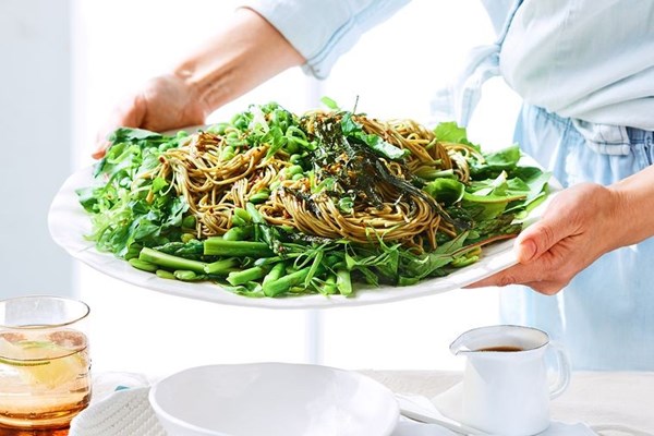 Chilled zaru soba with peas, beans and greens