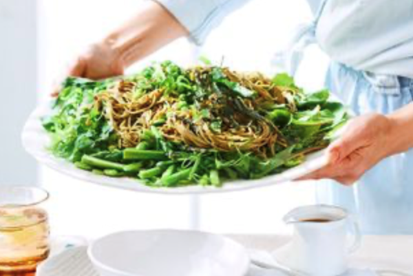 Chilled zaru soba with peas, beans and greens