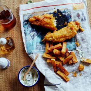 Chilli and coriander battered fish and chips with tartare sauce