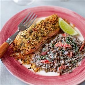 Chilli and lime-crusted salmon with creamy, herby lentils