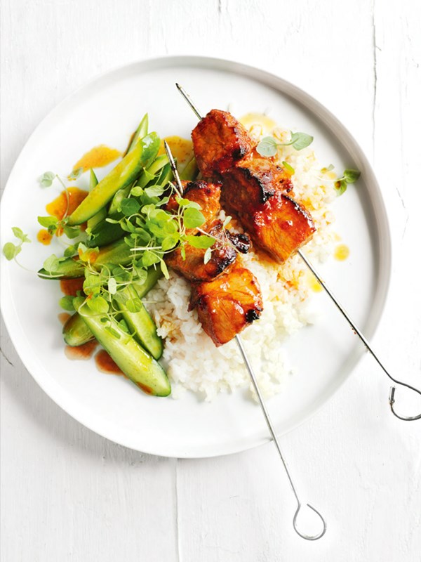 Chilli and lime pork skewers with buttered ginger rice