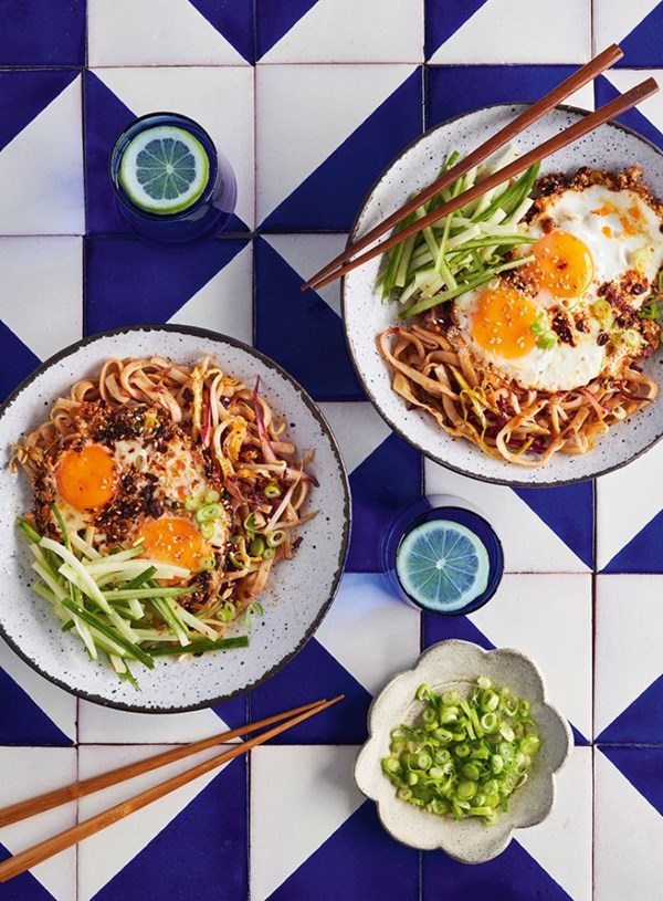 Chilli and sesame fried eggs with cucumber and noodle salad