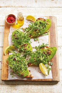 Chilli avocado on sourdough with lemony rocket and seeded crackers