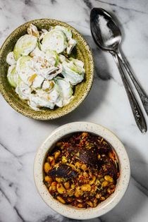 Chilli beets & lima beans with cucumber olive salad