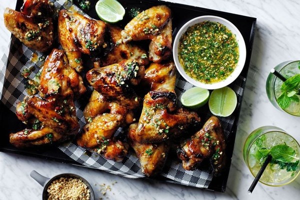 Chilli caramel wings with peanut coriander relish