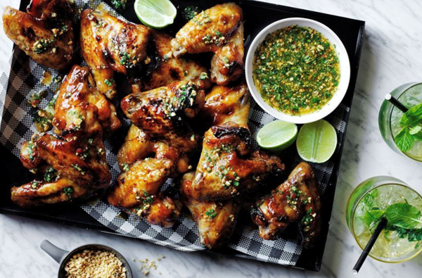 Chilli caramel wings with peanut coriander relish