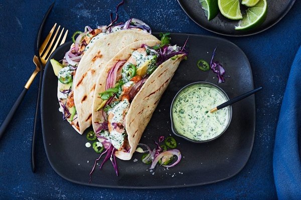 Chilli chicken tacos with green goddess mayo