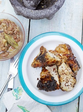 Chilli chicken with drunken pinto beans