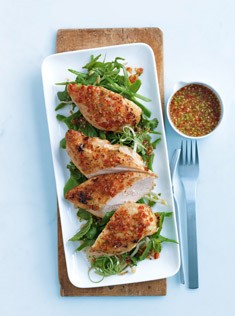 Chilli chicken with snow pea salad