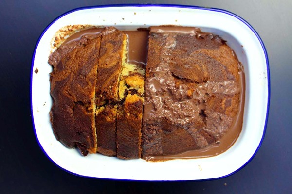 Chilli chocolate and clementine marble cake with a chilli chocolate custard