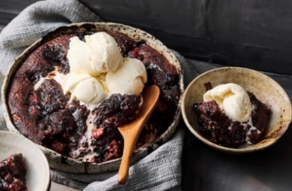 Chilli, chocolate and raspberry self-saucing pudding