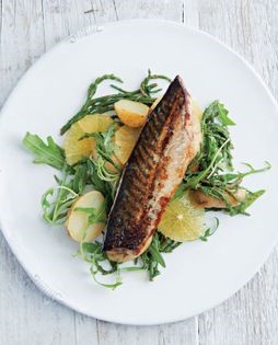 Chilli-chocolate teriyaki mackerel with samphire, Jersey Royals and orange