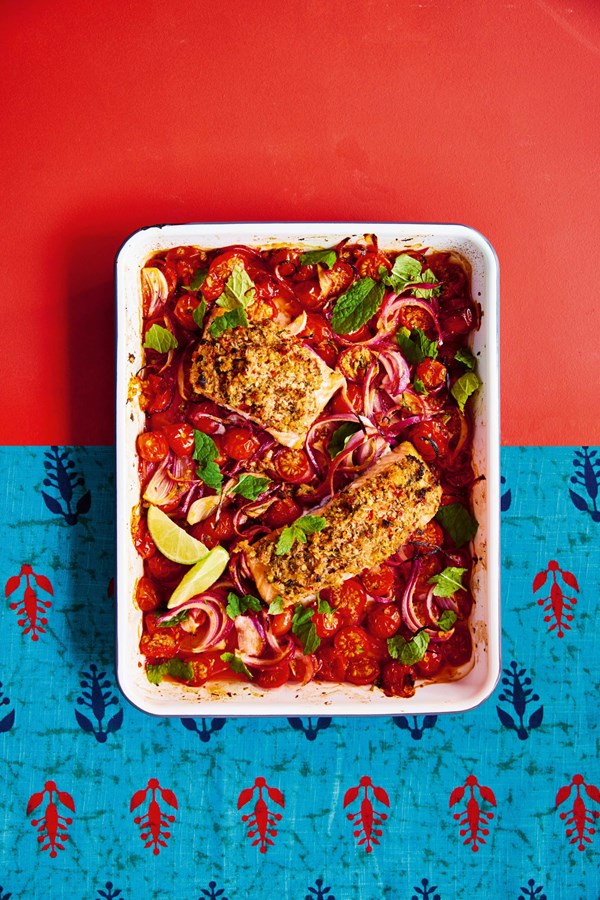 Chilli, coconut & lime salmon with roasted cherry tomateoes