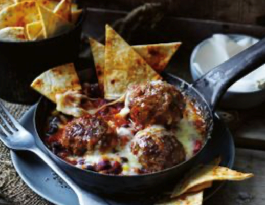 Chilli con carne meatballs with smoky veg and beans